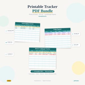 May include: A printable PDF bundle featuring a Subscription Tracker, Order Tracker, and Return & Refund Tracker. The landscape layout documents include color-coded rows, 18 blank rows, and example data for 8.5x11 inch paper, totaling 4 printable files.