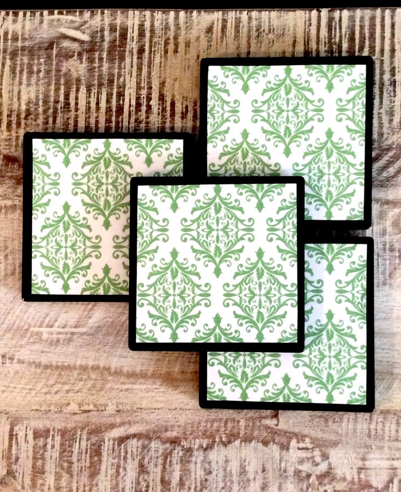 Green Coasters Chalkboard Tile Damask Decor Image 0