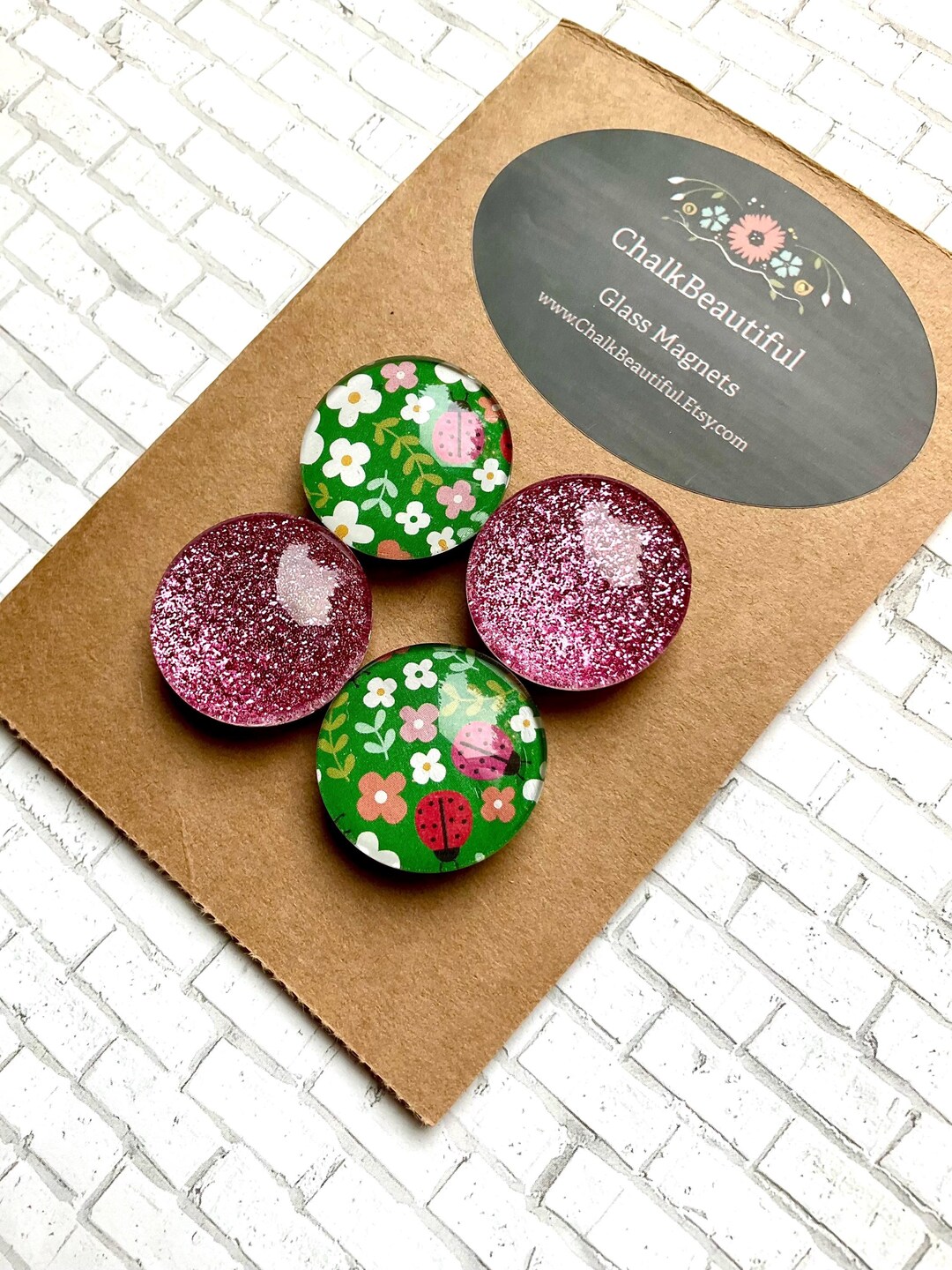 Ladybug and Glitter Glass Magnets: Floral Office Decor, Set of 4 - Etsy