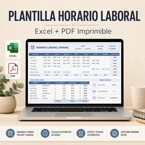 Puede incluir: Una plantilla de horario laboral digital en la pantalla de una computadora portátil, con columnas para nombres de empleados, horas diarias y costos. Incluye iconos de Excel y PDF y el texto PLANTILLA HORARIO LABORAL.