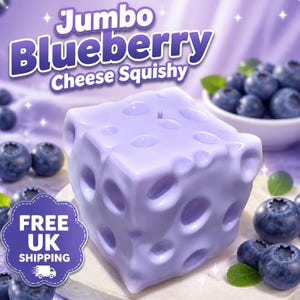 May include: A light purple, cube-shaped squishy toy designed to resemble a block of Swiss cheese with rounded holes throughout its surface. The text Jumbo Blueberry Cheese Squishy is displayed prominently above the object in white lettering.