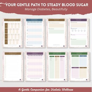 Puede incluir: Un conjunto de ocho p&aacute;ginas de planificador con el texto YOUR GENTLE PATH TO STEADY BLOOD SUGAR y Manage Diabetes, Beautifully. Las p&aacute;ginas incluyen rastreadores de glucosa, comidas, bocadillos y preguntas m&eacute;dicas con bordes florales.