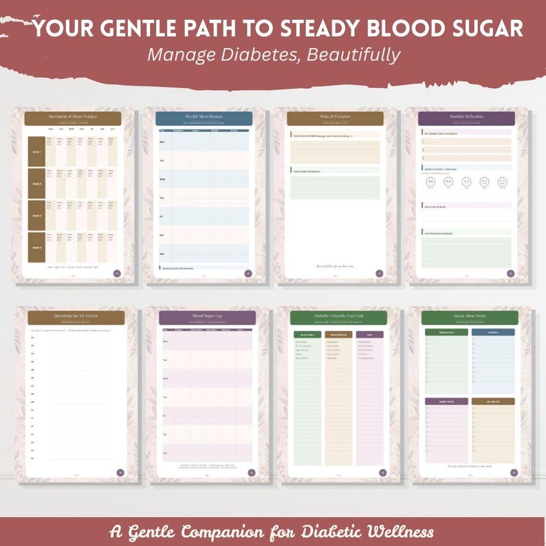 Puede incluir: Un conjunto de ocho p&aacute;ginas de planificador con el texto YOUR GENTLE PATH TO STEADY BLOOD SUGAR y Manage Diabetes, Beautifully. Las p&aacute;ginas incluyen rastreadores de glucosa, comidas, bocadillos y preguntas m&eacute;dicas con bordes florales.