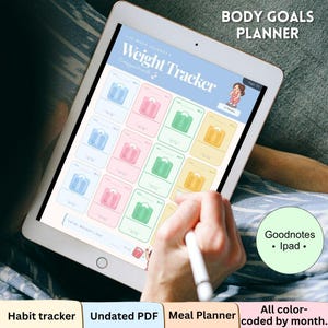 May include: A digital tablet displaying a Body Goals Planner with a Weight Tracker page. The interface features a grid of colorful cards with scale icons, text reading 12-Week Journey, and a small cartoon character. A stylus is held over the screen.