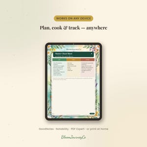 May include: A digital tablet displaying a Master Cheat Sheet with a floral border. The text reads: Works on any device, Plan, cook & track - anywhere, BloomJourneyCo, Master Cheat Sheet, your fridge-door quick reference, GoodNotes, Notability, PDF Expert.
