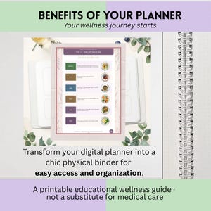 K&ouml;nnte beinhalten: Eine digitale Planerseite mit einem t&auml;glichen Essensplan und dem Text BENEFITS OF YOUR PLANNER, Your wellness journey starts, Day 2 - Easy & Satisfying, sowie Transform your digital planner into a chic physical binder for easy access and organization.