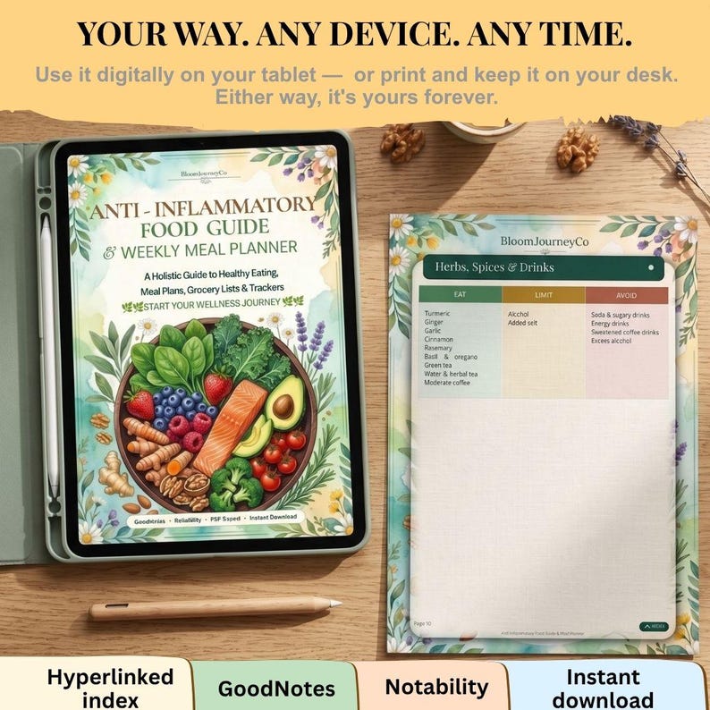 May include: A digital anti-inflammatory food guide and weekly meal planner displayed on a tablet and a printed page. The guide features illustrations of salmon, avocado, berries, and vegetables, with text including Herbs, Spices & Drinks.