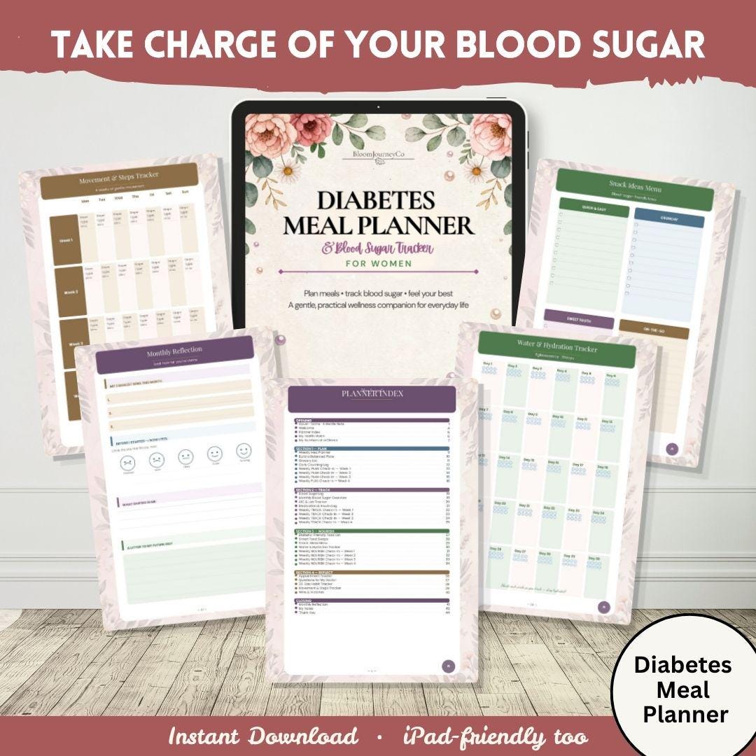 Planificador de comidas y registro de glucosa en sangre para diabéticos / Planificador de comidas imprimible para diabéticos / Registro de glucosa en sangre para mujeres / PDF A4 + iPad