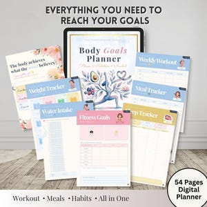 May include: A digital Body Goals Planner displayed on a tablet screen surrounded by printed pages including a weight tracker, water intake log, fitness goals sheet, weekly workout schedule, meal tracker, and sleep tracker with floral accents.
