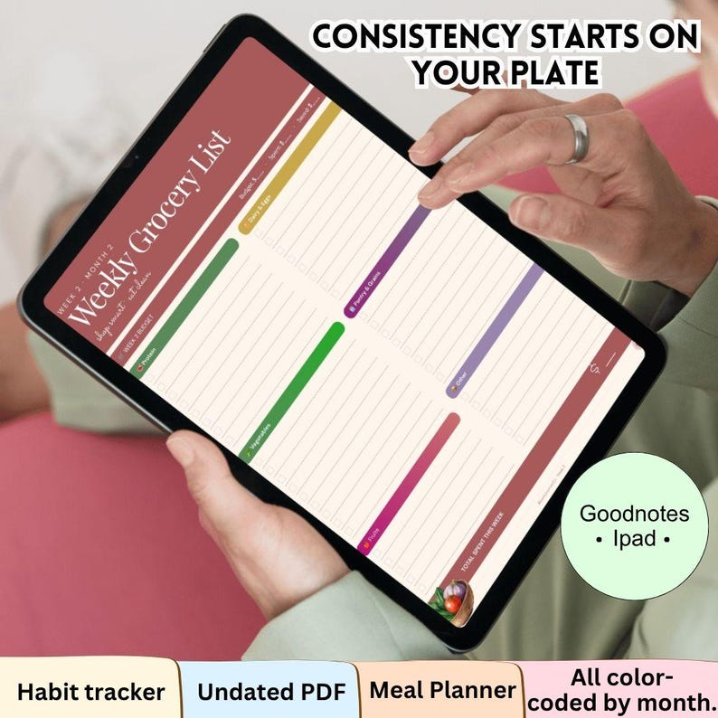 May include: A digital tablet displaying a weekly grocery list planner with color-coded sections for protein, vegetables, fruits, dairy, and grains. The screen features the text Consistency Starts On Your Plate and Weekly Grocery List.