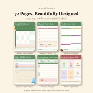 May include: A digital planner set with 72 pages featuring a Weekly Meal Planner, Macro & Calorie Log, Weekly Grocery List, Water & Habit Tracker, 12-Week Weight Loss Progress, and Portion Size Visual Guide, compatible with iPad, tablet, and phone.