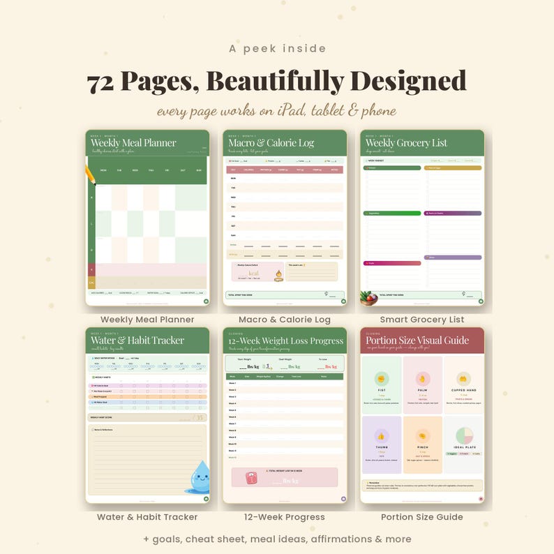 May include: A digital planner set with 72 pages featuring a Weekly Meal Planner, Macro & Calorie Log, Weekly Grocery List, Water & Habit Tracker, 12-Week Weight Loss Progress, and Portion Size Visual Guide, compatible with iPad, tablet, and phone.