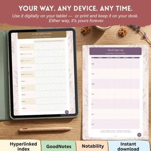Puede incluir: Una tableta digital que muestra un rastreador de h&aacute;bitos de 30 d&iacute;as y una hoja impresa de registro de az&uacute;car en sangre. La pantalla de la tableta muestra una cuadr&iacute;cula, mientras que la hoja tiene un encabezado morado y una tabla de datos.