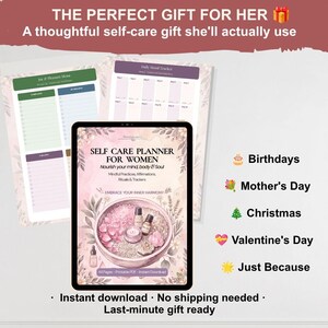 May include: A digital self-care planner featuring a cover with a bowl of pink crystals, essential oils, and floral illustrations. The text reads SELF CARE PLANNER FOR WOMEN, Nourish your mind, body & Soul, Mindful Practices, Affirmations, Rituals & Trackers.