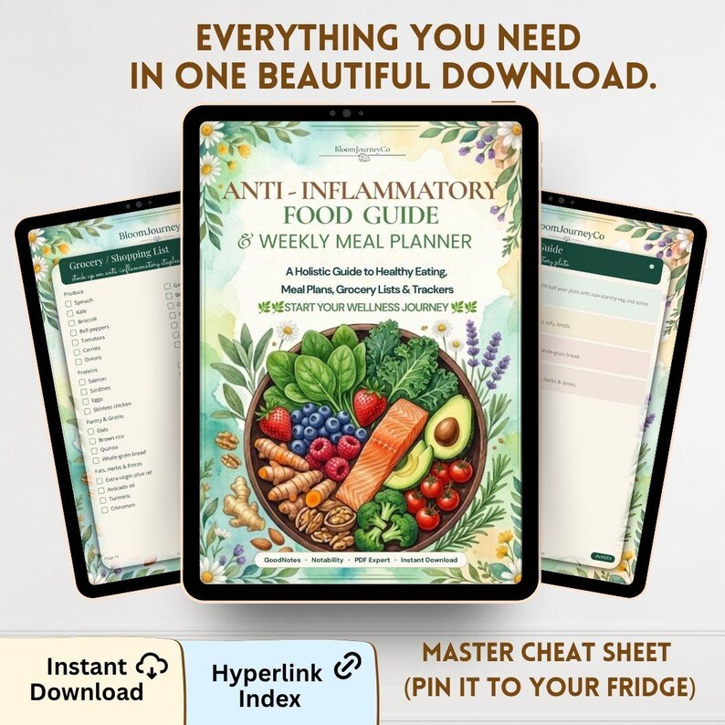 May include: A digital Anti-Inflammatory Food Guide and Weekly Meal Planner displayed on three tablet screens. The central screen features a bowl of fresh produce, salmon, and nuts, with text including "Everything you need in one beautiful download."