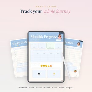 May include: A digital tablet displaying a Monthly Progress fitness planner page with light blue headers, a weight tracking chart, and mood emojis. Two additional planner pages for weekly workouts and tracking are visible behind the tablet.