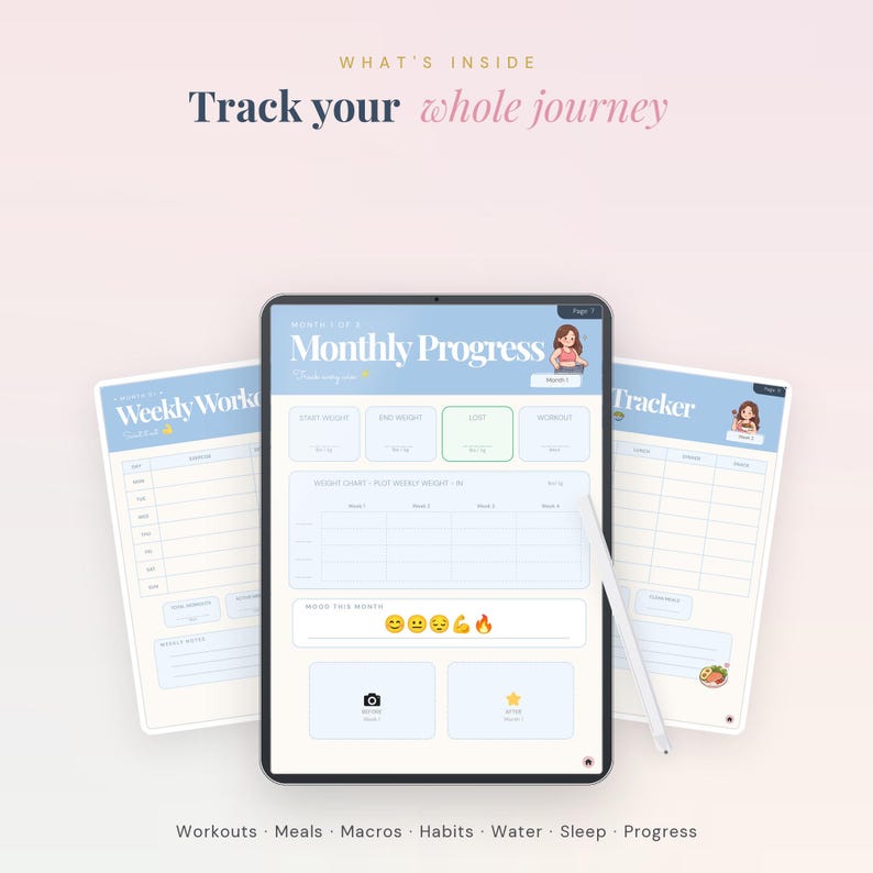 May include: A digital tablet displaying a Monthly Progress fitness planner page with light blue headers, a weight tracking chart, and mood emojis. Two additional planner pages for weekly workouts and tracking are visible behind the tablet.