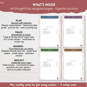 Puede incluir: Un planificador de 44 p&aacute;ginas dividido en cuatro secciones: Plan, Track, Nourish y Reflect. La secci&oacute;n Plan incluye un planificador de comidas semanal y una lista de la compra. La secci&oacute;n Track presenta registros de az&uacute;car en sangre y medicaci&oacute;n. La secci&oacute;n Nourish ofrece listas de alimentos y rastreadores de hidrataci&oacute;n. La secci&oacute;n Reflect contiene rastreadores de h&aacute;bitos y reflexiones mensuales.