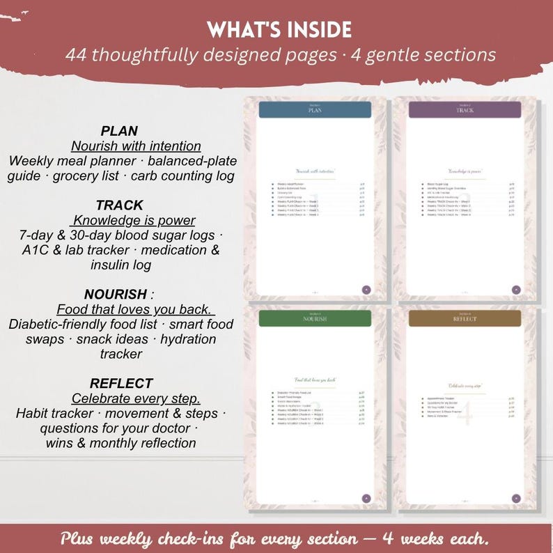 Puede incluir: Un planificador de 44 p&aacute;ginas dividido en cuatro secciones: Plan, Track, Nourish y Reflect. La secci&oacute;n Plan incluye un planificador de comidas semanal y una lista de la compra. La secci&oacute;n Track presenta registros de az&uacute;car en sangre y medicaci&oacute;n. La secci&oacute;n Nourish ofrece listas de alimentos y rastreadores de hidrataci&oacute;n. La secci&oacute;n Reflect contiene rastreadores de h&aacute;bitos y reflexiones mensuales.