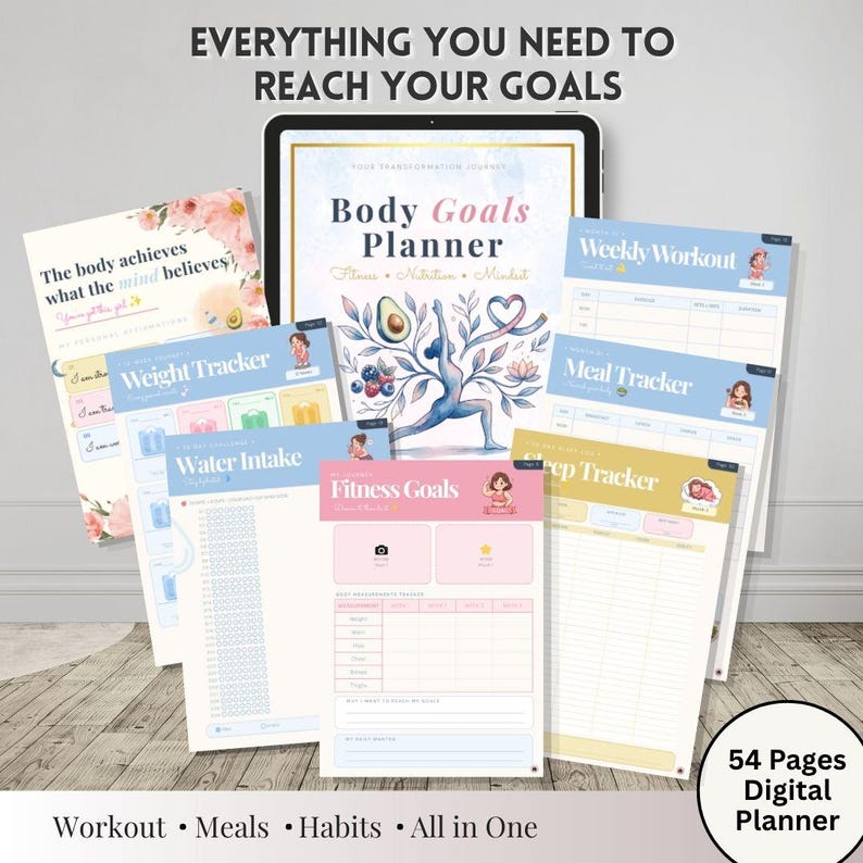 May include: A digital Body Goals Planner displayed on a tablet screen surrounded by printed pages including a weight tracker, water intake log, fitness goals sheet, weekly workout schedule, meal tracker, and sleep tracker with floral accents.