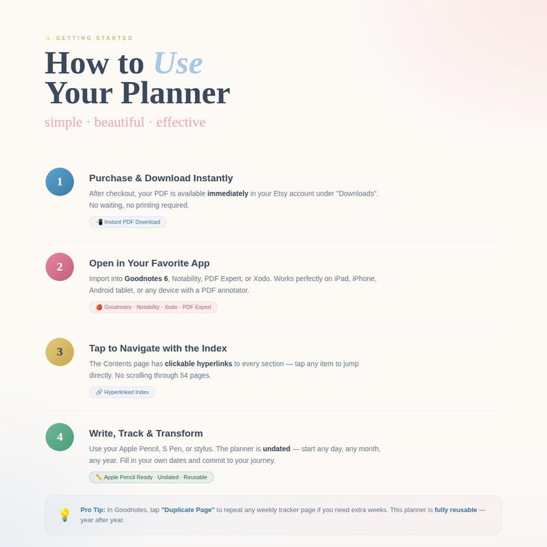 May include: An instructional guide titled How to Use Your Planner with four numbered steps. It outlines the process of purchasing, downloading, importing into apps like Goodnotes, navigating via hyperlinks, and using a stylus to write and track.