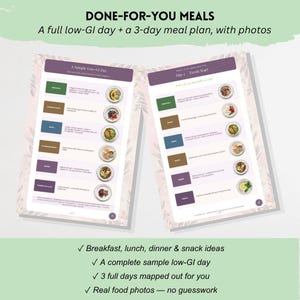 K&ouml;nnte beinhalten: Ein digitales Dokument mit dem Titel DONE-FOR-YOU MEALS, das einen vollst&auml;ndigen Low-GI-Tag und einen 3-Tage-Ern&auml;hrungsplan mit Lebensmittelfotos enth&auml;lt. Die Seiten zeigen farbcodierte Mahlzeitenkategorien mit entsprechenden Textbeschreibungen.