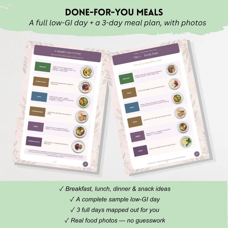 K&ouml;nnte beinhalten: Ein digitales Dokument mit dem Titel DONE-FOR-YOU MEALS, das einen vollst&auml;ndigen Low-GI-Tag und einen 3-Tage-Ern&auml;hrungsplan mit Lebensmittelfotos enth&auml;lt. Die Seiten zeigen farbcodierte Mahlzeitenkategorien mit entsprechenden Textbeschreibungen.