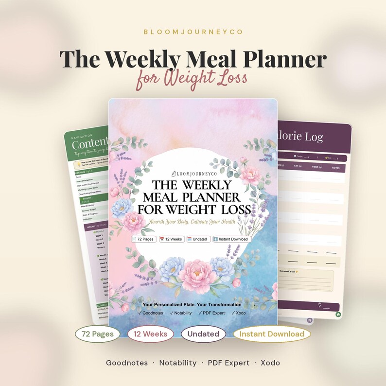 May include: A digital weekly meal planner for weight loss by BloomJourneyCo featuring a watercolor floral cover in pastel pink and blue. The planner includes 72 pages, covers 12 weeks, is undated, and is compatible with Goodnotes, Notability, PDF Expert, and Xodo.
