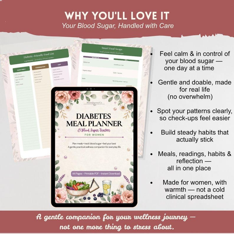 Puede incluir: Un planificador de comidas y rastreador de glucosa digital en una pantalla de tableta, rodeado de p&aacute;ginas impresas. La portada presenta ilustraciones florales, un taz&oacute;n de ensalada y un vaso de agua con el texto Diabetes Meal Planner.