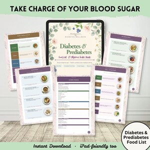 K&ouml;nnte beinhalten: Ein digitaler Ratgeber mit dem Titel Diabetes & Prediabetes Food List & Glycemic Index Guide auf einem Tablet-Bildschirm, umgeben von mehreren ausgedruckten Seiten mit Ern&auml;hrungspl&auml;nen, Fr&uuml;hst&uuml;cks- und Mittagsideen sowie einem Inhaltsverzeichnis.