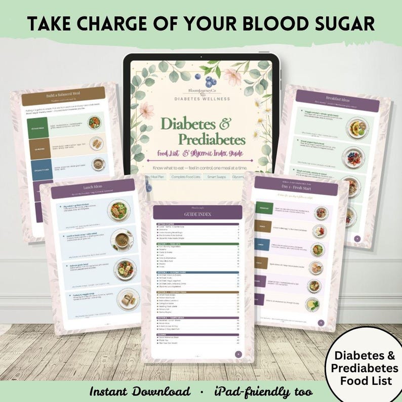 K&ouml;nnte beinhalten: Ein digitaler Ratgeber mit dem Titel Diabetes & Prediabetes Food List & Glycemic Index Guide auf einem Tablet-Bildschirm, umgeben von mehreren ausgedruckten Seiten mit Ern&auml;hrungspl&auml;nen, Fr&uuml;hst&uuml;cks- und Mittagsideen sowie einem Inhaltsverzeichnis.