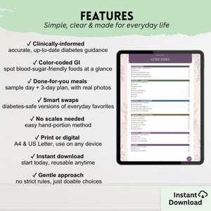 K&ouml;nnte beinhalten: Ein digitaler Diabetes-Ratgeber auf einem Tablet-Bildschirm mit einem Inhaltsverzeichnis f&uuml;r Lebensmittellisten, glyk&auml;mischen Index und Ern&auml;hrungspl&auml;ne. Der Text hebt Funktionen hervor wie klinisch fundierte Beratung, farbcodierten glyk&auml;mischen Index, Mahlzeitenpl&auml;ne, intelligente Austauschm&ouml;glichkeiten, Handportionsmethoden sowie Druck- oder Digitalformate in A4 und US Letter.