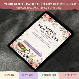 Puede incluir: Una tableta digital que muestra la portada de un planificador de comidas y rastreador de az&uacute;car en sangre para diabetes. El dise&ntilde;o presenta ilustraciones florales en acuarela, un taz&oacute;n de ensalada y un vaso de agua con lim&oacute;n. El texto incluye 'Diabetes Meal Planner & Blood Sugar Tracker for Women', '44 Pages - Printable PDF - Instant Download' y 'Plan meals - track blood sugar - feel your best'.