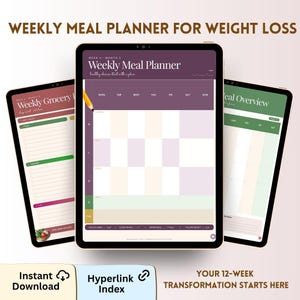 May include: A digital weekly meal planner displayed on three tablet screens. The central screen shows a grid for Monday through Sunday with sections for breakfast, lunch, dinner, and snacks, featuring the text Weekly Meal Planner.