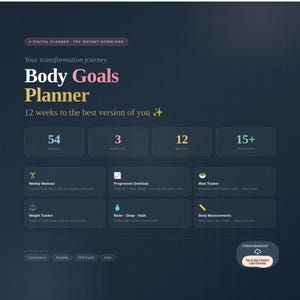 May include: A dark blue digital Body Goals Planner PDF with a grid background. Text includes: Your transformation journey, Body Goals Planner, 12 weeks to the best version of you, 54 pages, 3 months, 12 weeks, 15+ trackers, and various fitness icons.
