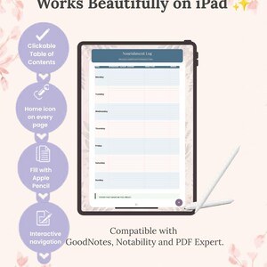 May include: A digital tablet displaying a Nourishment Log planner page with a white stylus. Text includes Works Beautifully on iPad, Clickable Table of Contents, Home icon on every page, Fill with Apple Pencil, Interactive navigation, and BloomJourneyCo.