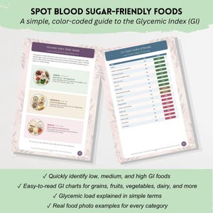 K&ouml;nnte beinhalten: Ein zweiseitiger Bildungsleitfaden mit dem Titel SPOT BLOOD SUGAR-FRIENDLY FOODS. Das Dokument enth&auml;lt eine farbcodierte Tabelle zum glyk&auml;mischen Index, Lebensmittelbeispiele mit Fotos sowie eine detaillierte GI-Tabelle f&uuml;r Getreide und Brot.