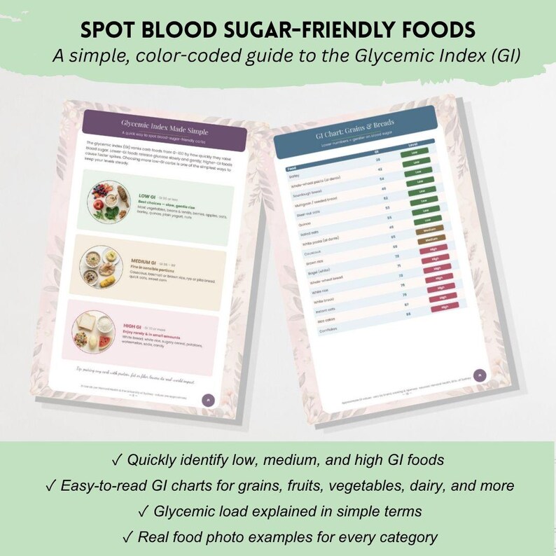 K&ouml;nnte beinhalten: Ein zweiseitiger Bildungsleitfaden mit dem Titel SPOT BLOOD SUGAR-FRIENDLY FOODS. Das Dokument enth&auml;lt eine farbcodierte Tabelle zum glyk&auml;mischen Index, Lebensmittelbeispiele mit Fotos sowie eine detaillierte GI-Tabelle f&uuml;r Getreide und Brot.