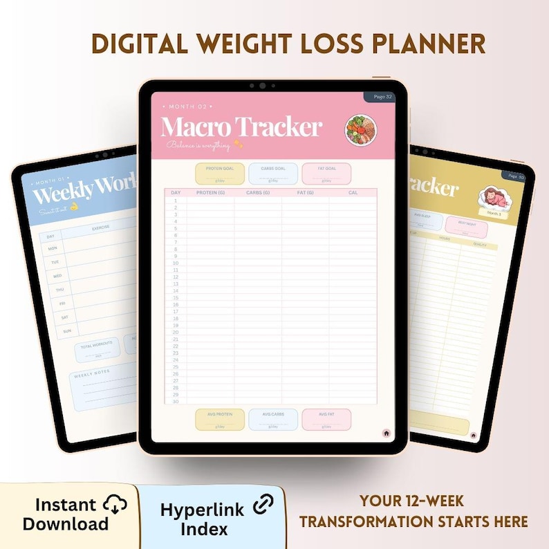 May include: A digital weight loss planner displayed on three tablet screens. The central screen shows a pink Macro Tracker page with columns for protein, carbs, fat, and calories. The side screens show weekly workout and tracking pages in blue and yellow.