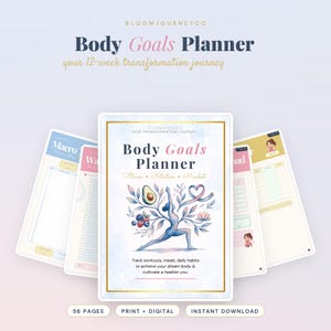 May include: A Body Goals Planner with a 12-week transformation journey theme. The cover features a person in a yoga pose surrounded by an avocado, berries, and a heart-shaped ribbon. Text includes Body Goals Planner, Fitness, Nutrition, Mindset.