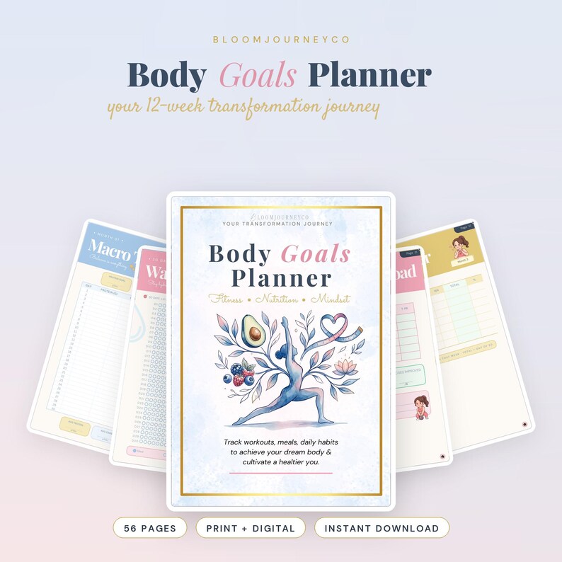 May include: A Body Goals Planner with a 12-week transformation journey theme. The cover features a person in a yoga pose surrounded by an avocado, berries, and a heart-shaped ribbon. Text includes Body Goals Planner, Fitness, Nutrition, Mindset.