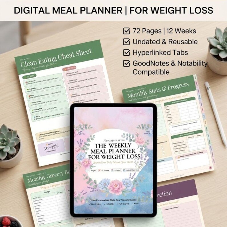 May include: A digital meal planner for weight loss displayed on a tablet screen and printed pages. The planner features 72 pages, 12 weeks, undated and reusable layouts, hyperlinked tabs, and compatibility with GoodNotes and Notability apps.