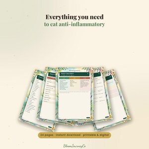 May include: A set of printable anti-inflammatory diet guide pages featuring floral borders. The text reads Everything you need to eat anti-inflammatory, Master Cheat Sheet, and 24 pages - Instant download - printable & digital.