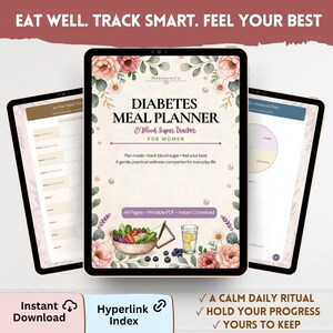 Puede incluir: Un planificador de comidas para diab&eacute;ticos y rastreador de az&uacute;car en sangre digital en tres pantallas de tabletas. La portada muestra ilustraciones florales, un taz&oacute;n de ensalada y un vaso de agua con el texto Diabetes Meal Planner.