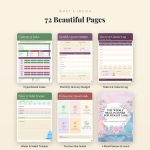 May include: A digital meal planner set featuring 72 pages with sections for a hyperlinked index, monthly grocery budget, macro and calorie log, water and habit tracker, portion size visual guide, and a weekly meal planner cover with floral art.