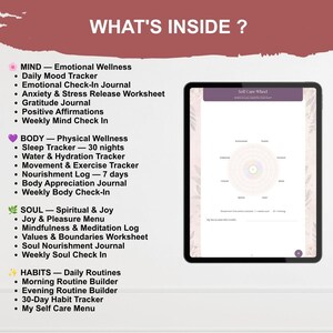 May include: A digital tablet displaying a Self Care Wheel worksheet alongside a list titled WHAT'S INSIDE? detailing sections for MIND, BODY, SOUL, and HABITS. The list includes trackers for mood, sleep, water, exercise, and various journals and worksheets.