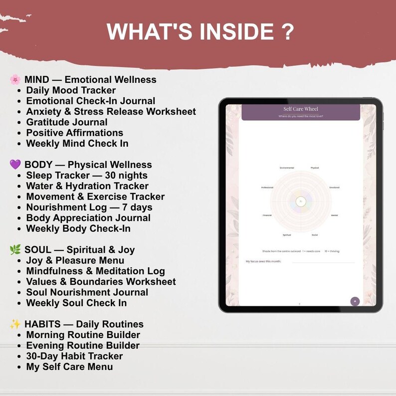 May include: A digital tablet displaying a Self Care Wheel worksheet alongside a list titled WHAT'S INSIDE? detailing sections for MIND, BODY, SOUL, and HABITS. The list includes trackers for mood, sleep, water, exercise, and various journals and worksheets.