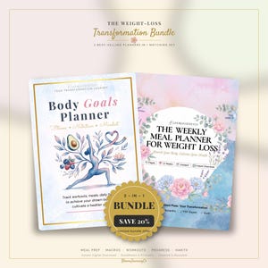 May include: A digital planner bundle titled The Weight-Loss Transformation Bundle, featuring two planners: the Body Goals Planner with a yoga figure illustration and The Weekly Meal Planner for Weight Loss with floral accents and a 2-in-1 bundle sticker.