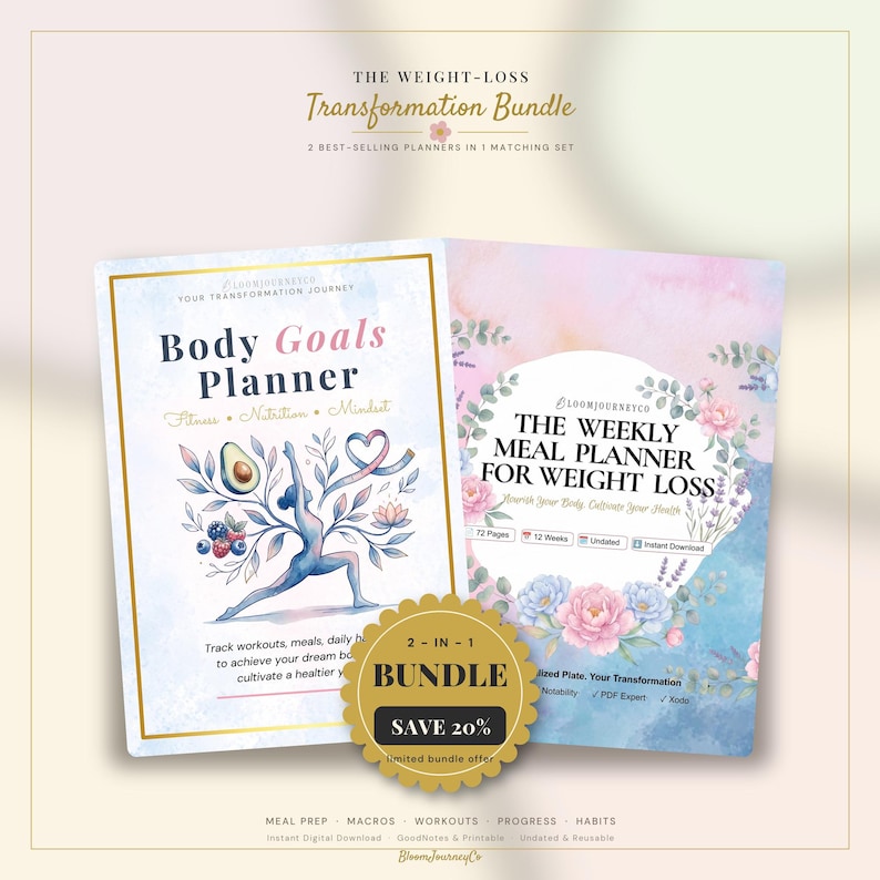 May include: A digital planner bundle titled The Weight-Loss Transformation Bundle, featuring two planners: the Body Goals Planner with a yoga figure illustration and The Weekly Meal Planner for Weight Loss with floral accents and a 2-in-1 bundle sticker.