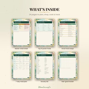 May include: A digital planner set titled WHAT'S INSIDE with 24 pages to plan, shop, cook, and track. It displays six templates: Master Cheat Sheet, Top 15 Power Foods, Smart Food Swaps, 7-Day Meal Plan, Grocery Shopping List, and Feel-Good Tracker.